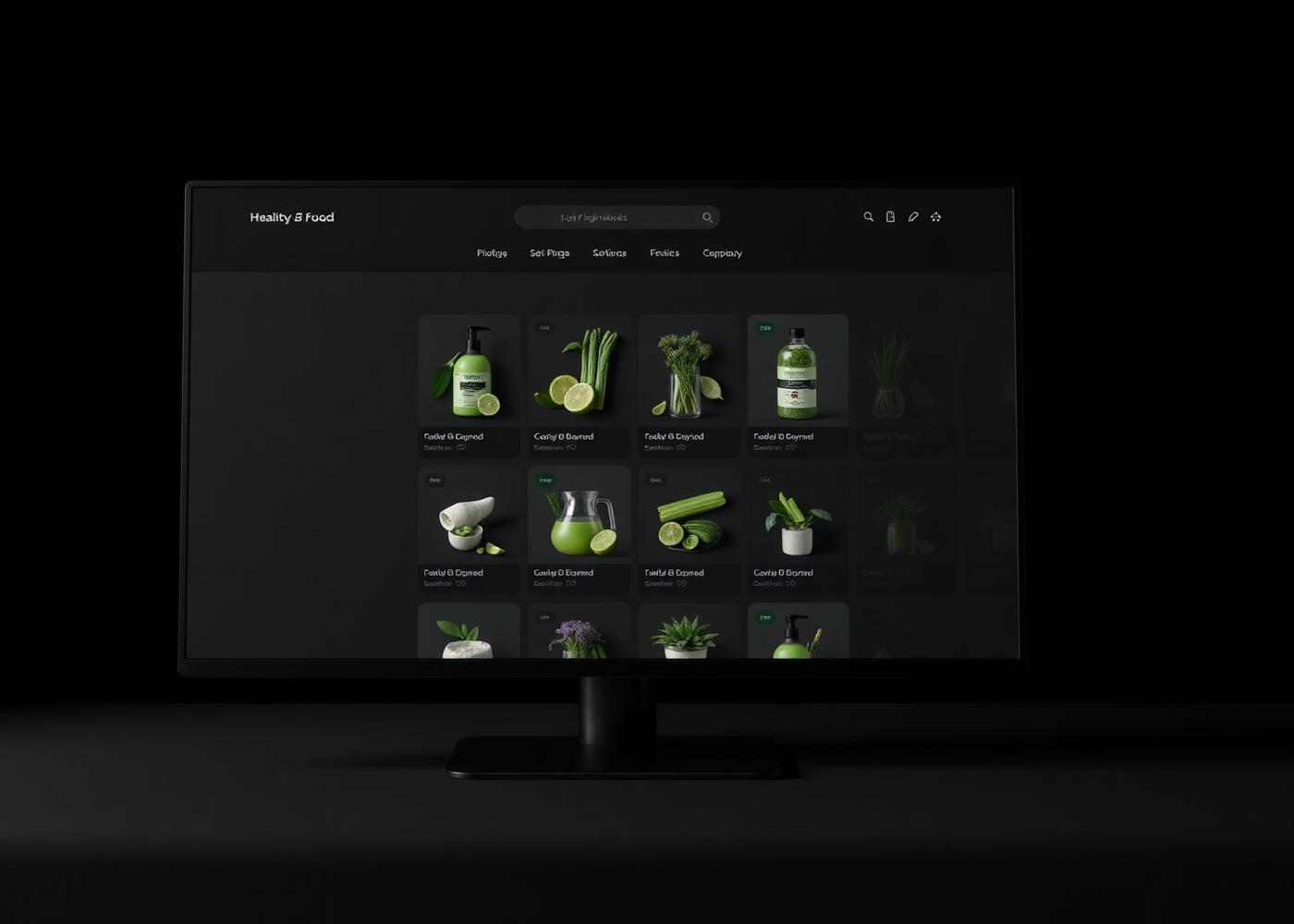 Dark e-commerce storefront for a healthy food brand on a desktop monitor