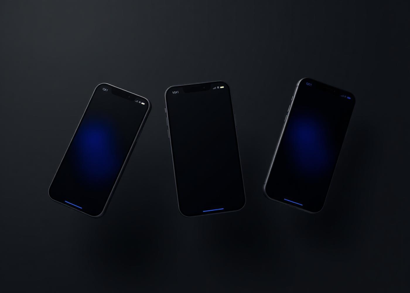 Three dark mobile app screens floating on a near-black background