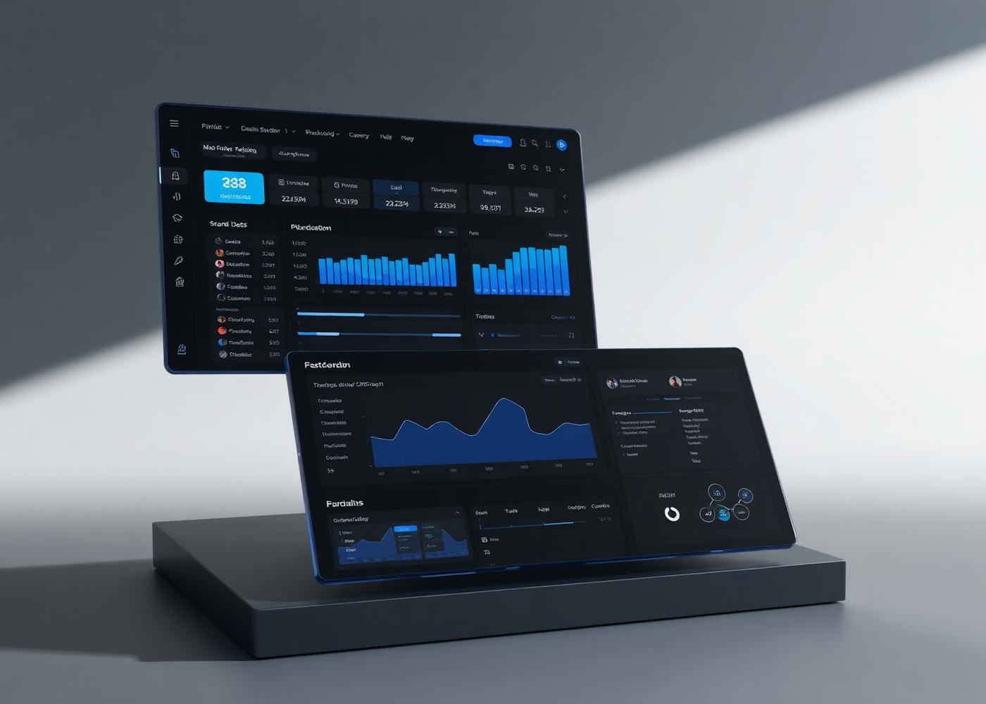 Dark admin dashboard mockup with tables, charts and pipeline views